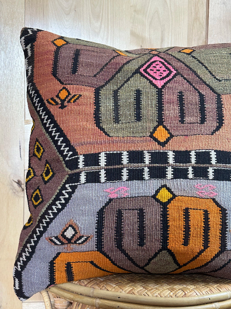 Vintage Turkish Kilim Pillow Cover – Handwoven Wool Cushion with Bold Orange, Purple, and Pink Geometric Floral Design – Boho, Global, and Eclectic Home Decor Accent