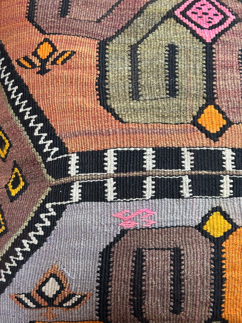 Vintage Turkish Kilim Pillow Cover – Handwoven Wool Cushion with Bold Orange, Purple, and Pink Geometric Floral Design – Boho, Global, and Eclectic Home Decor Accent