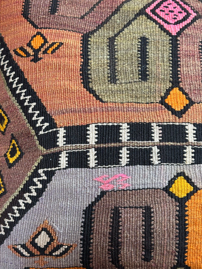 Vintage Turkish Kilim Pillow Cover – Handwoven Wool Cushion with Bold Orange, Purple, and Pink Geometric Floral Design – Boho, Global, and Eclectic Home Decor Accent