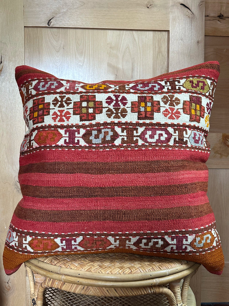 Handwoven Turkish Kilim Pillow Cover – Vintage Wool Cushion with Red and Brown Stripes and Traditional Anatolian Motifs – Boho, Rustic, and Global Home Decor