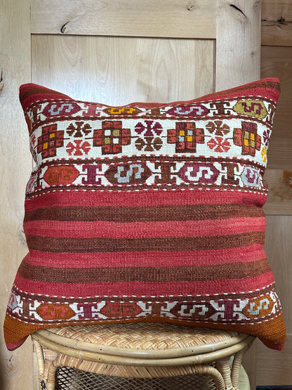 Handwoven Turkish Kilim Pillow Cover – Vintage Wool Cushion with Red and Brown Stripes and Traditional Anatolian Motifs – Boho, Rustic, and Global Home Decor