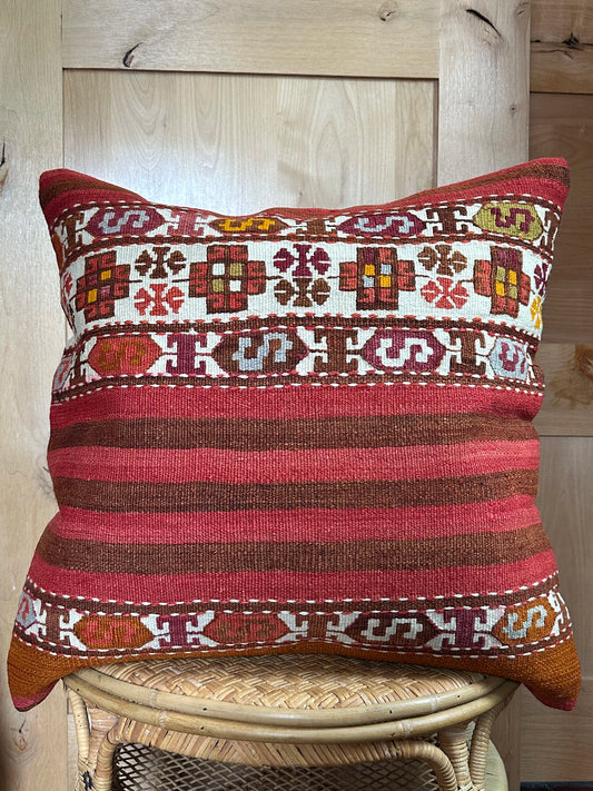 Handwoven Turkish Kilim Pillow Cover – Vintage Wool Cushion with Red and Brown Stripes and Traditional Anatolian Motifs – Boho, Rustic, and Global Home Decor