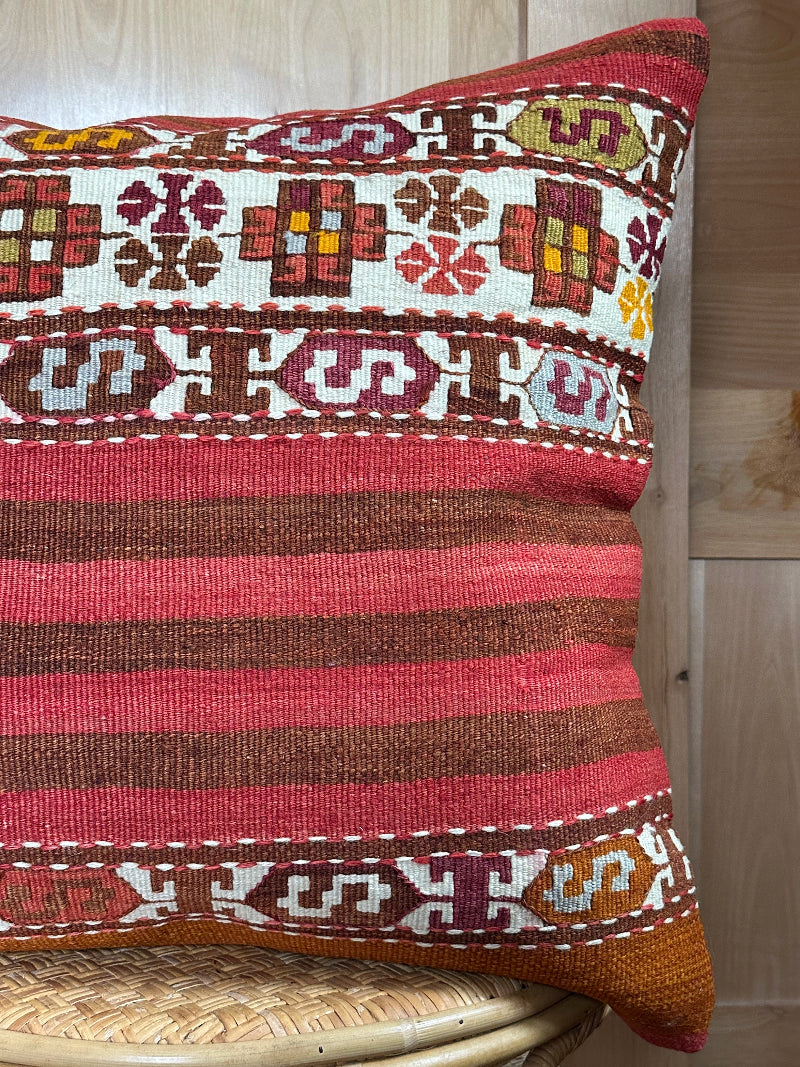 Handwoven Turkish Kilim Pillow Cover – Vintage Wool Cushion with Red and Brown Stripes and Traditional Anatolian Motifs – Boho, Rustic, and Global Home Decor