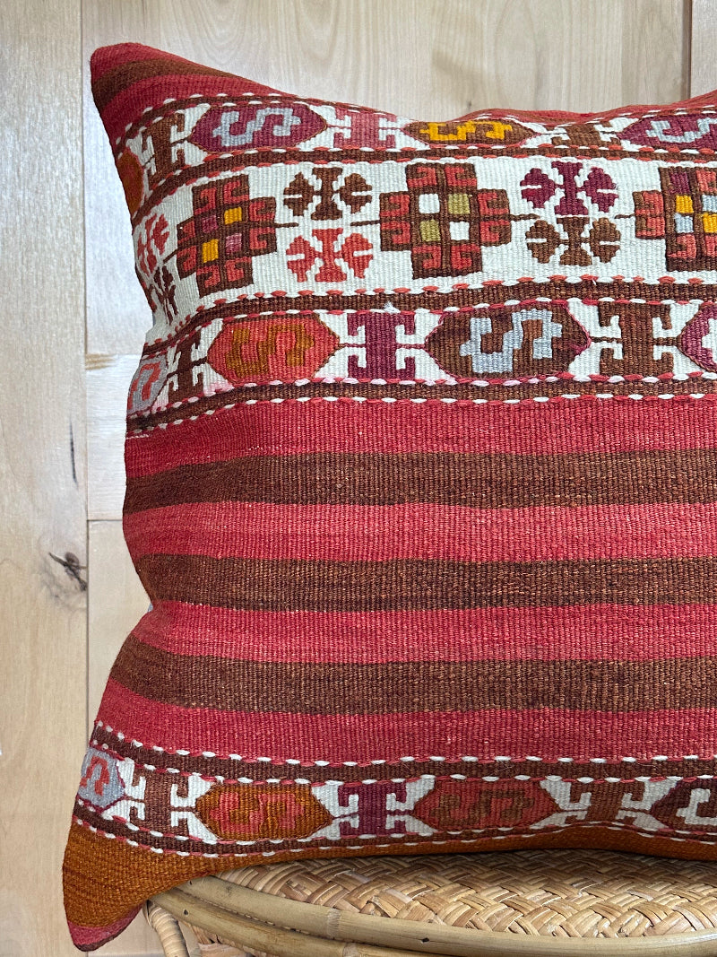 Handwoven Turkish Kilim Pillow Cover – Vintage Wool Cushion with Red and Brown Stripes and Traditional Anatolian Motifs – Boho, Rustic, and Global Home Decor