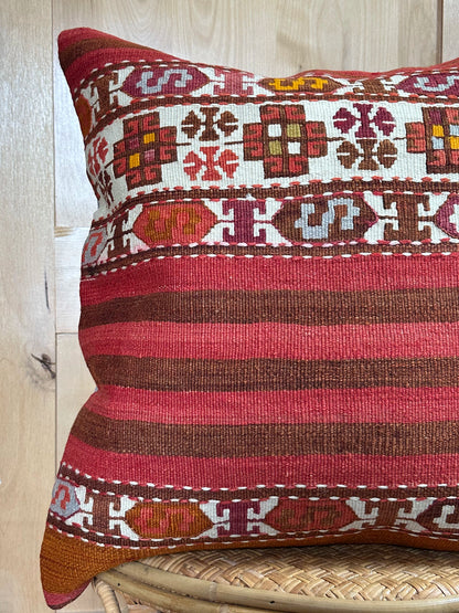 Handwoven Turkish Kilim Pillow Cover – Vintage Wool Cushion with Red and Brown Stripes and Traditional Anatolian Motifs – Boho, Rustic, and Global Home Decor