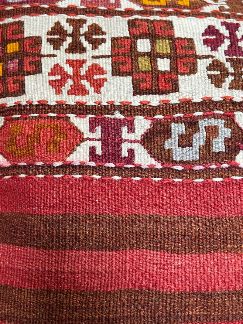 Handwoven Turkish Kilim Pillow Cover – Vintage Wool Cushion with Red and Brown Stripes and Traditional Anatolian Motifs – Boho, Rustic, and Global Home Decor