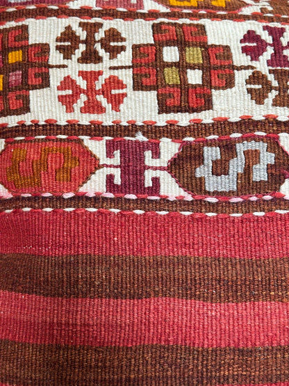 Handwoven Turkish Kilim Pillow Cover – Vintage Wool Cushion with Red and Brown Stripes and Traditional Anatolian Motifs – Boho, Rustic, and Global Home Decor