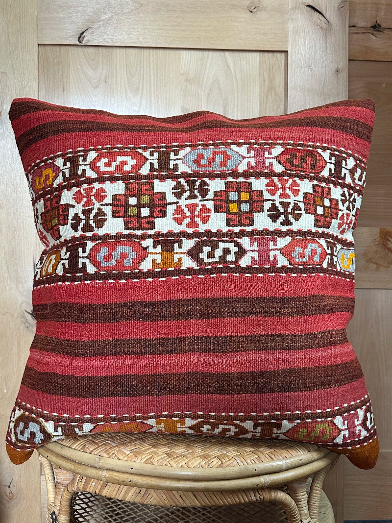 Handwoven Turkish Kilim Pillow Cover – Vintage Wool Cushion with Red and Brown Stripes and Traditional Anatolian Motifs – Boho, Rustic, and Global Home Decor