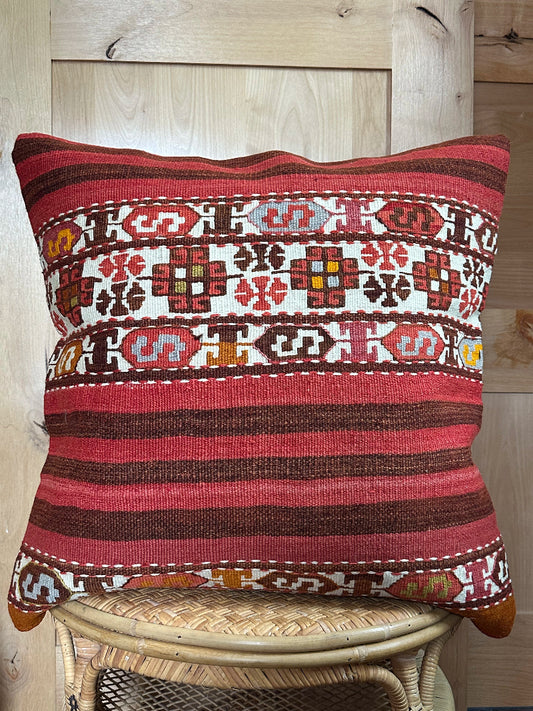 Handwoven Turkish Kilim Pillow Cover – Vintage Wool Cushion with Red and Brown Stripes and Traditional Anatolian Motifs – Boho, Rustic, and Global Home Decor