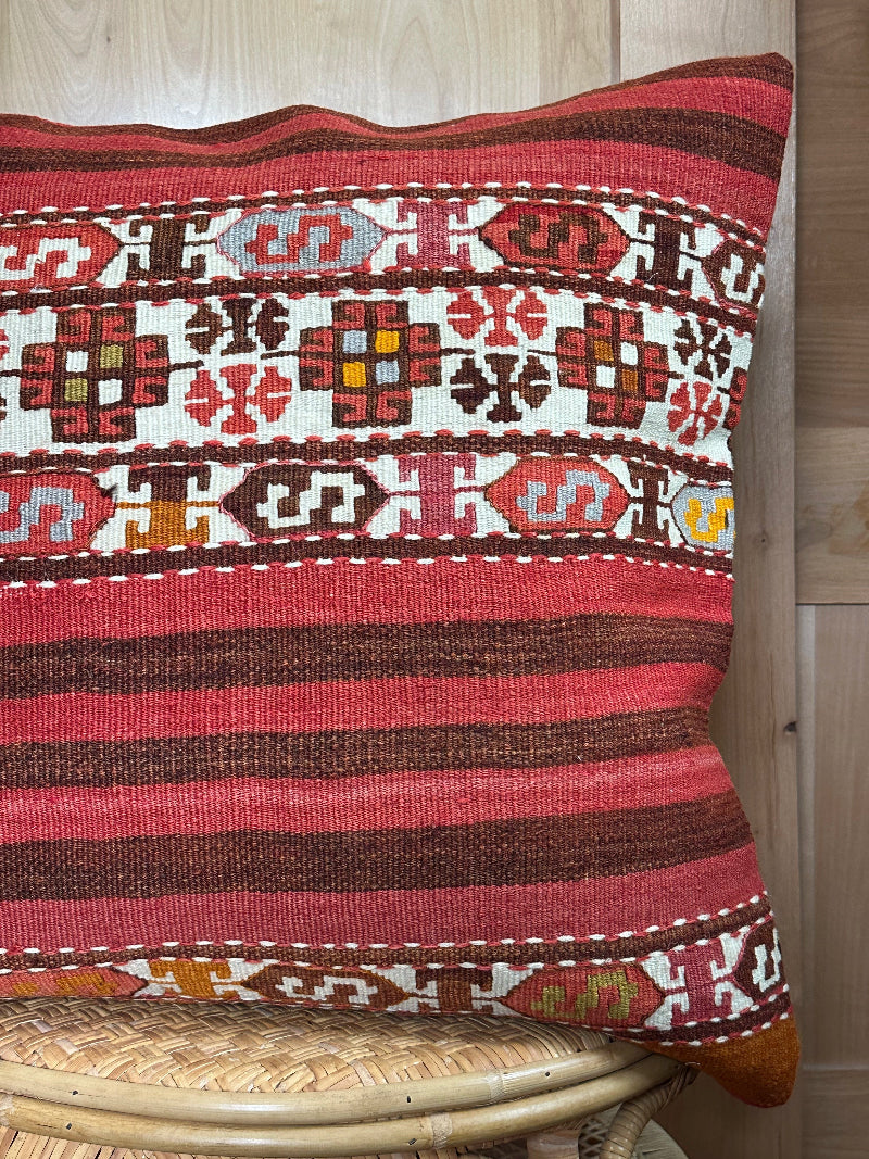 Handwoven Turkish Kilim Pillow Cover – Vintage Wool Cushion with Red and Brown Stripes and Traditional Anatolian Motifs – Boho, Rustic, and Global Home Decor