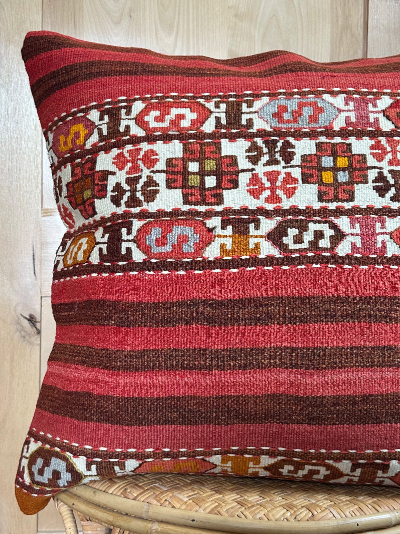 Handwoven Turkish Kilim Pillow Cover – Vintage Wool Cushion with Red and Brown Stripes and Traditional Anatolian Motifs – Boho, Rustic, and Global Home Decor