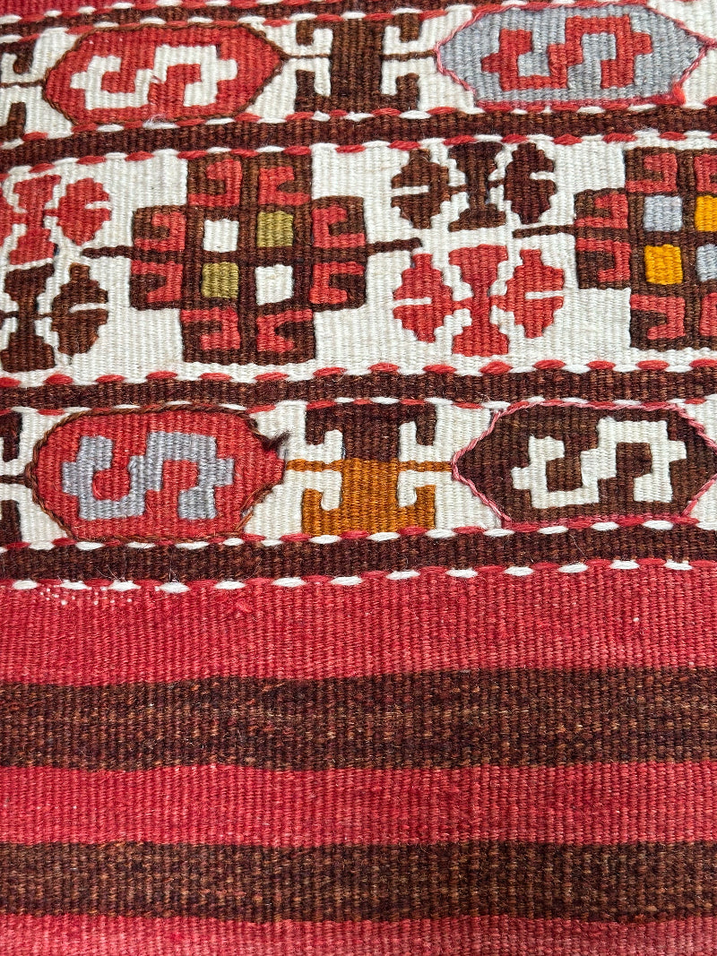 Handwoven Turkish Kilim Pillow Cover – Vintage Wool Cushion with Red and Brown Stripes and Traditional Anatolian Motifs – Boho, Rustic, and Global Home Decor