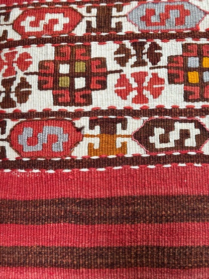 Handwoven Turkish Kilim Pillow Cover – Vintage Wool Cushion with Red and Brown Stripes and Traditional Anatolian Motifs – Boho, Rustic, and Global Home Decor
