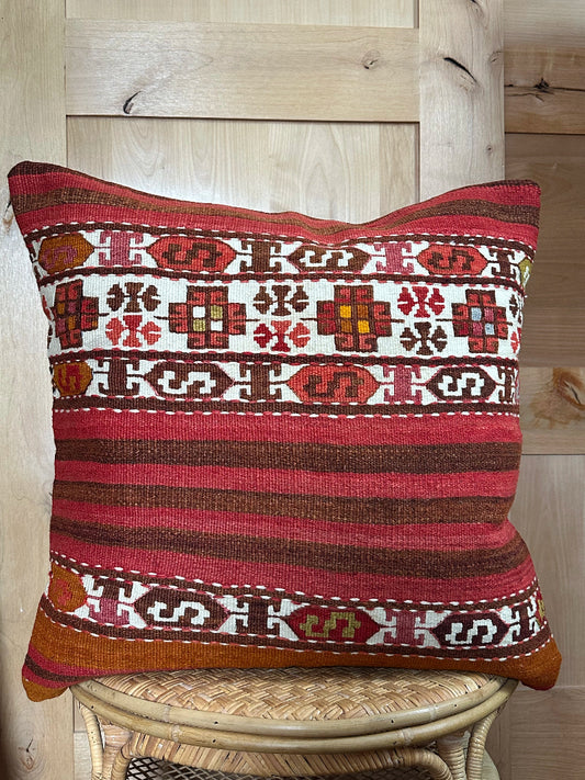 Handwoven Turkish Kilim Pillow Cover – Vintage Wool Cushion with Red and Brown Stripes and Traditional Anatolian Motifs – Boho, Rustic, and Global Home Decor