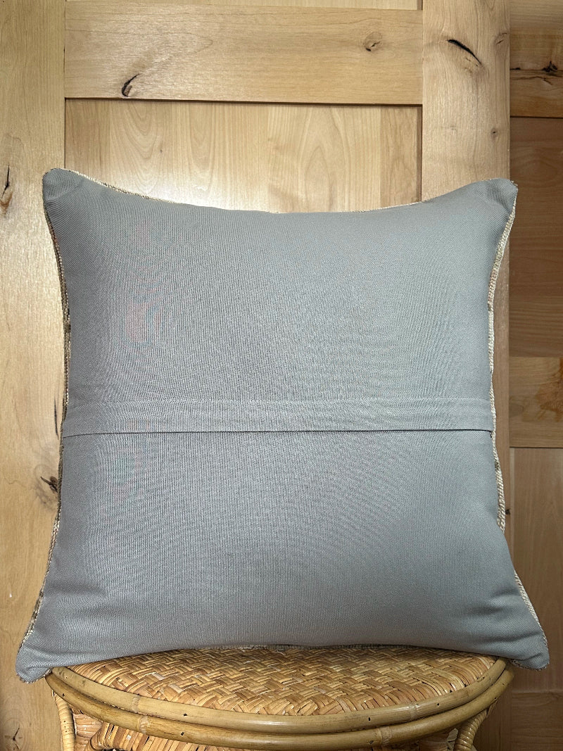26x26 low-pile pillow made from upcycled Turkish rugs. Artisan-crafted in muted taupe, beige, and soft sage tones.