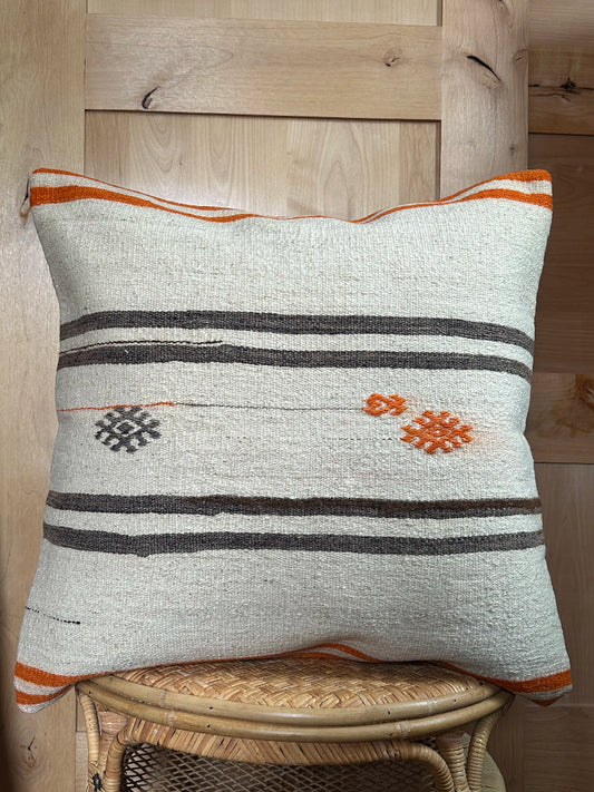 Minimalist Turkish Kilim Pillow Cover – Handwoven Wool Cushion in Ivory with Burnt Orange and Charcoal Gray Tribal Stripes – Modern Boho and Southwestern Home Decor