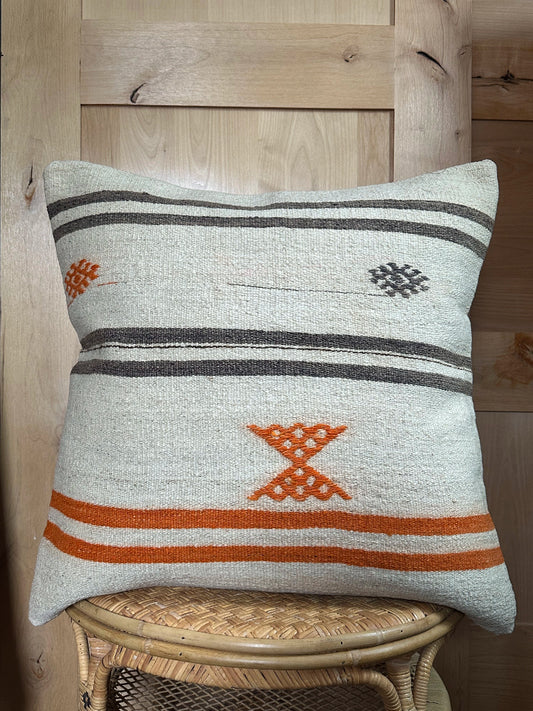 Minimalist Turkish Kilim Pillow Cover – Handwoven Wool Cushion in Ivory with Burnt Orange and Charcoal Gray Tribal Stripes – Modern Boho and Southwestern Home Decor