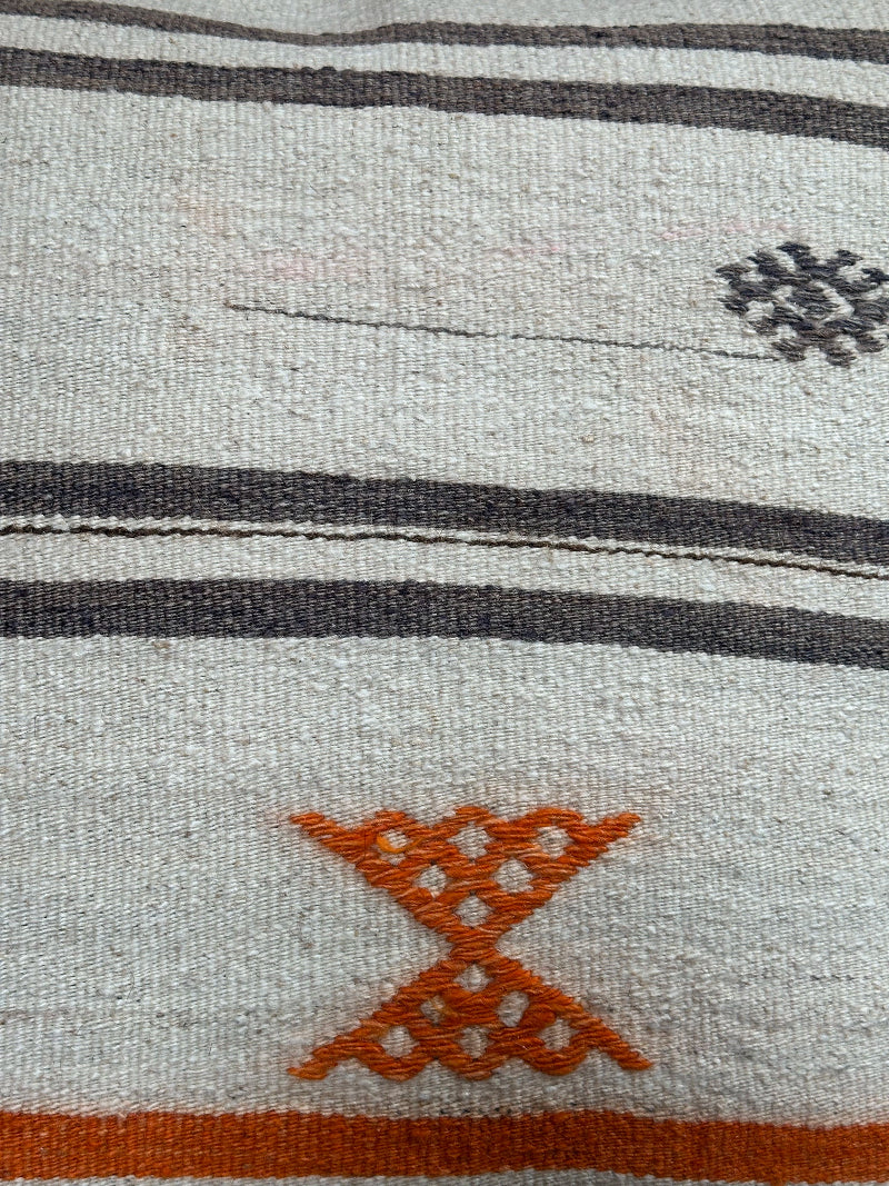 Minimalist Turkish Kilim Pillow Cover – Handwoven Wool Cushion in Ivory with Burnt Orange and Charcoal Gray Tribal Stripes – Modern Boho and Southwestern Home Decor