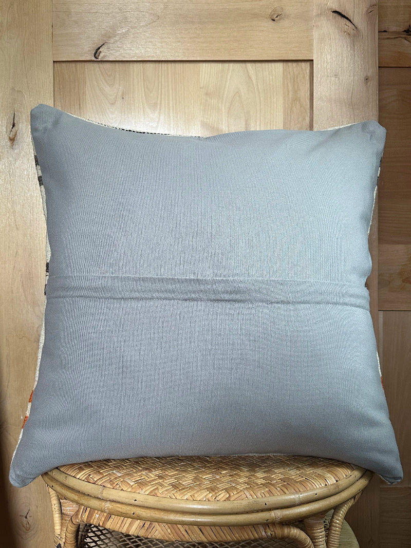 Minimalist Turkish Kilim Pillow Cover – Handwoven Wool Cushion in Ivory with Burnt Orange and Charcoal Gray Tribal Stripes – Modern Boho and Southwestern Home Decor