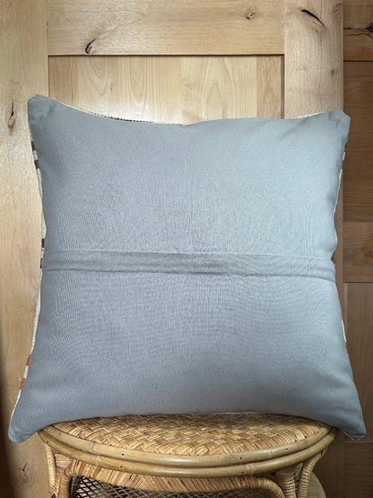 Minimalist Turkish Kilim Pillow Cover – Handwoven Wool Cushion in Ivory with Burnt Orange and Charcoal Gray Tribal Stripes – Modern Boho and Southwestern Home Decor