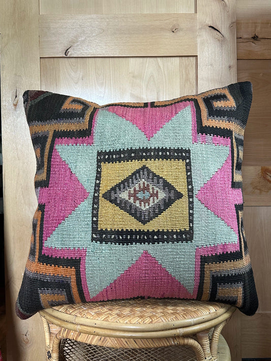 "Handwoven Turkish Kilim Pillow Cover – Vintage Wool Cushion with Bold Southwestern Star Pattern in Pink, Teal, Yellow, and Black – Boho and Eclectic Home Decor Accent