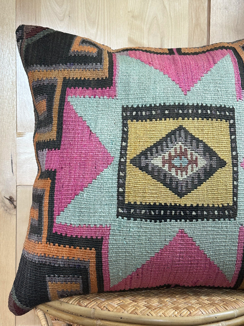 "Handwoven Turkish Kilim Pillow Cover – Vintage Wool Cushion with Bold Southwestern Star Pattern in Pink, Teal, Yellow, and Black – Boho and Eclectic Home Decor Accent