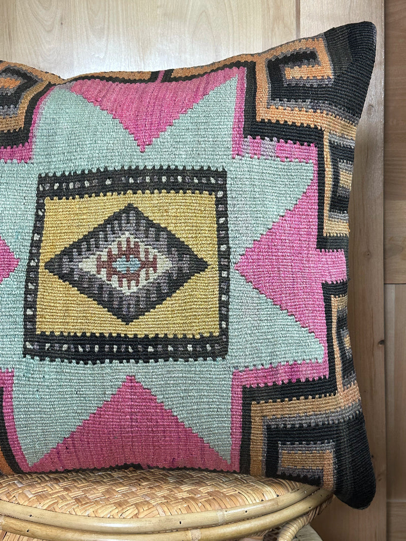 "Handwoven Turkish Kilim Pillow Cover – Vintage Wool Cushion with Bold Southwestern Star Pattern in Pink, Teal, Yellow, and Black – Boho and Eclectic Home Decor Accent