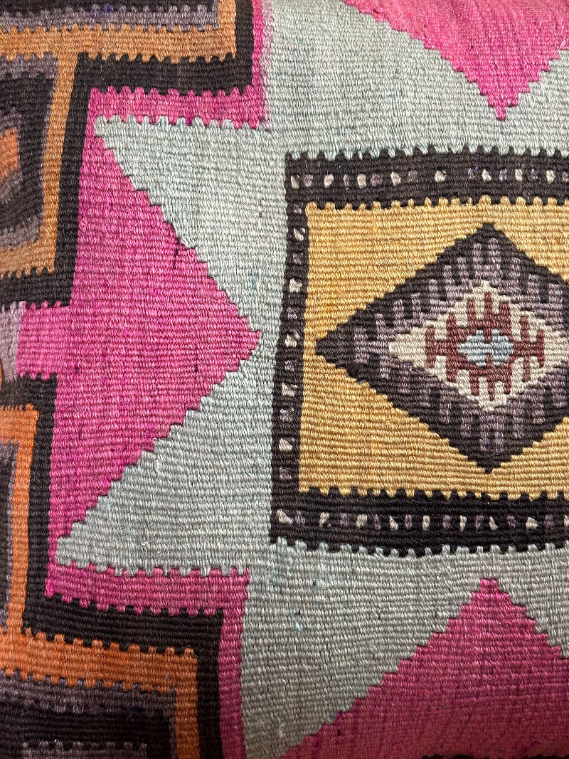 "Handwoven Turkish Kilim Pillow Cover – Vintage Wool Cushion with Bold Southwestern Star Pattern in Pink, Teal, Yellow, and Black – Boho and Eclectic Home Decor Accent