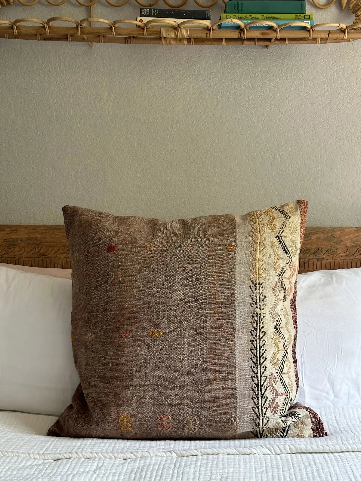 26 by 26 handmade Turkish throw pillow in a beautiful natural wool color and embroidered right side with cream and other colors