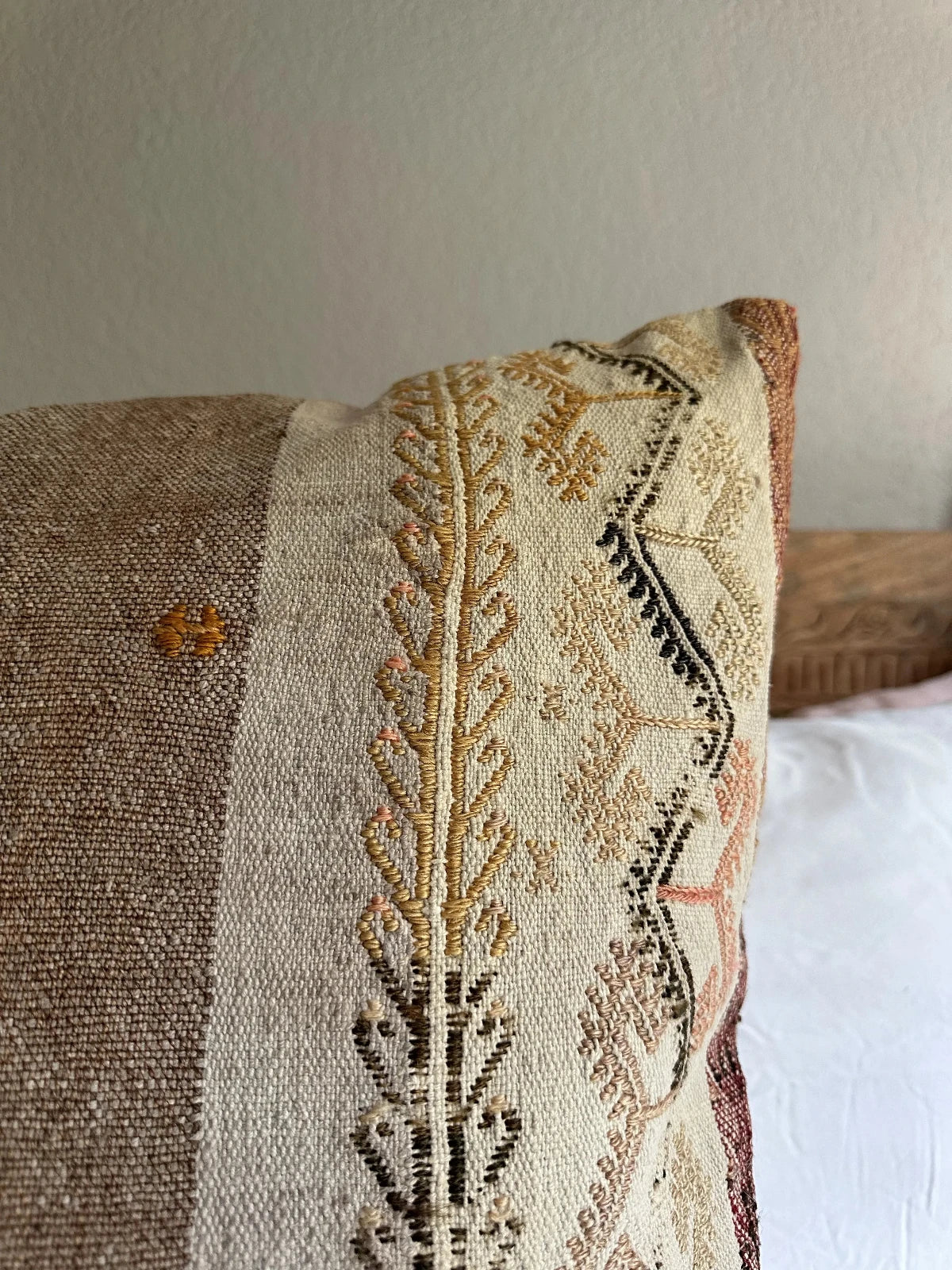 26 by 26 handmade Turkish throw pillow in a beautiful natural wool color and embroidered right side with cream and other colors