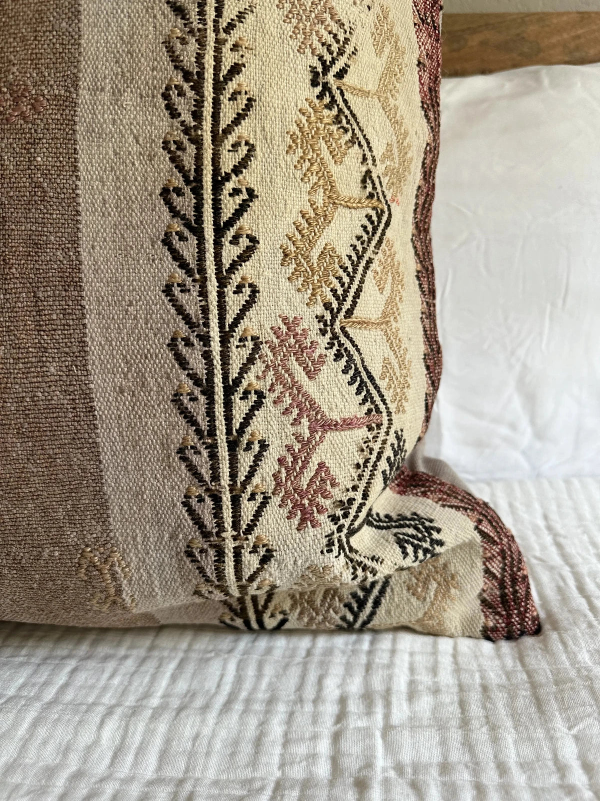 26 by 26 handmade Turkish throw pillow in a beautiful natural wool color and embroidered right side with cream and other colors