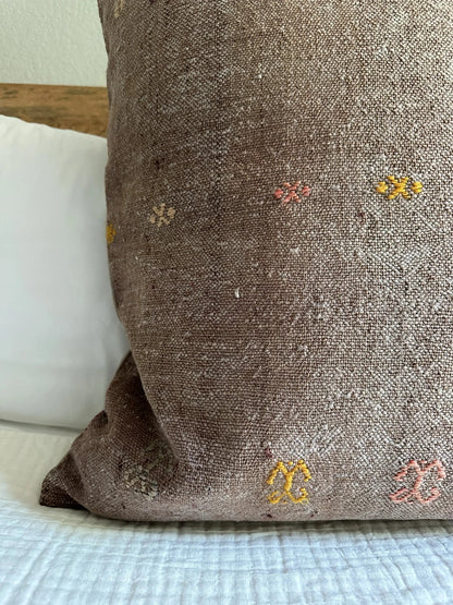 26 by 26 handmade Turkish throw pillow in a beautiful natural wool color and embroidered right side with cream and other colors