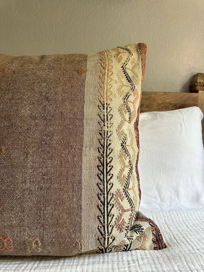 26 by 26 handmade Turkish throw pillow in a beautiful natural wool color and embroidered right side with cream and other colors