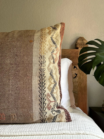 26 by 26 handmade Turkish throw pillow in a beautiful natural wool color and embroidered right side with cream and other colors