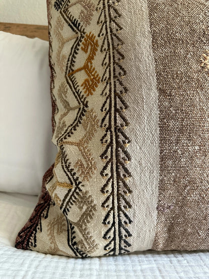 26 by 26 handmade Turkish throw pillow in a beautiful natural wool color and embroidered right side with cream and other colors