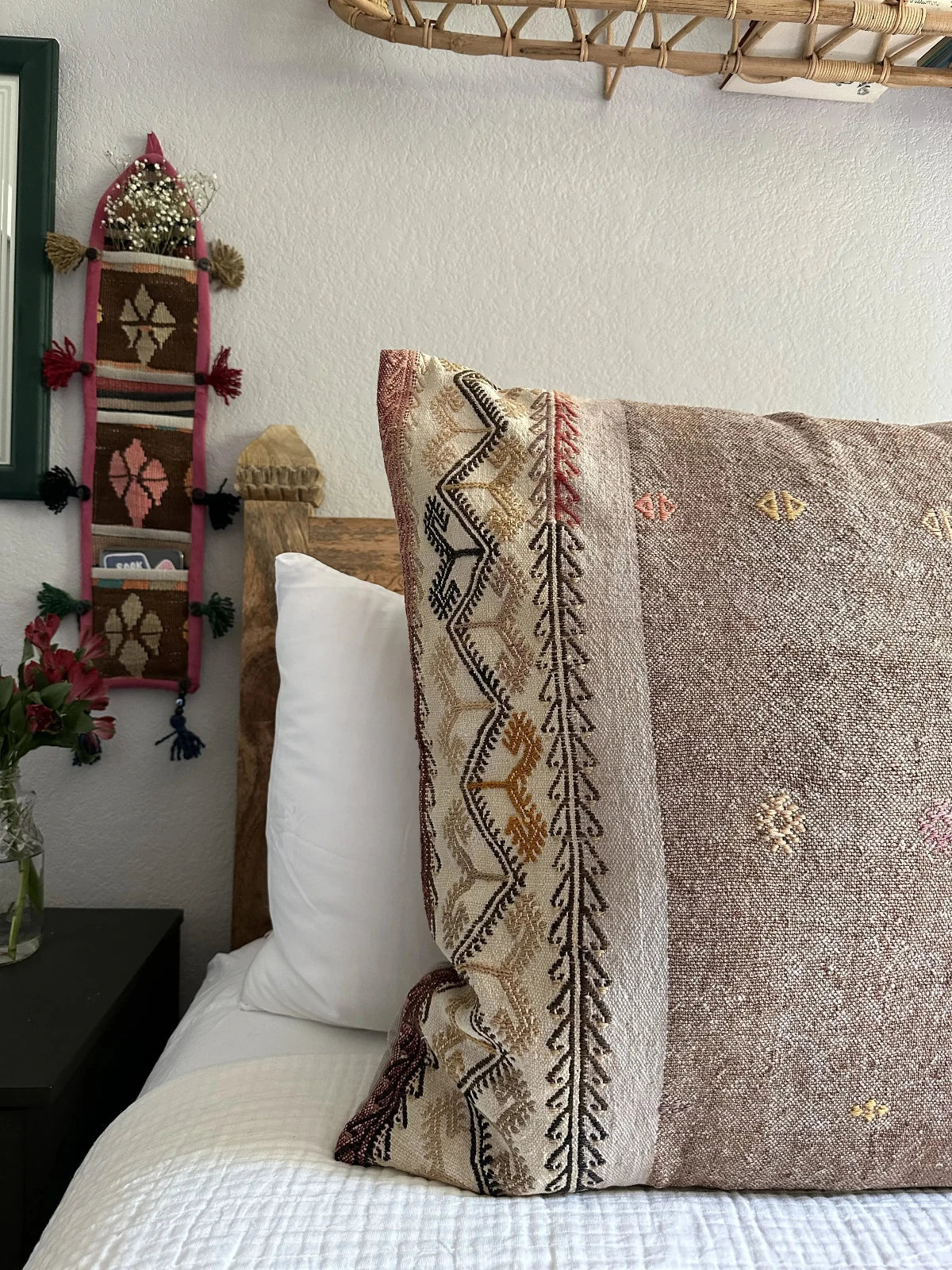 26 by 26 handmade Turkish throw pillow in a beautiful natural wool color and embroidered right side with cream and other colors