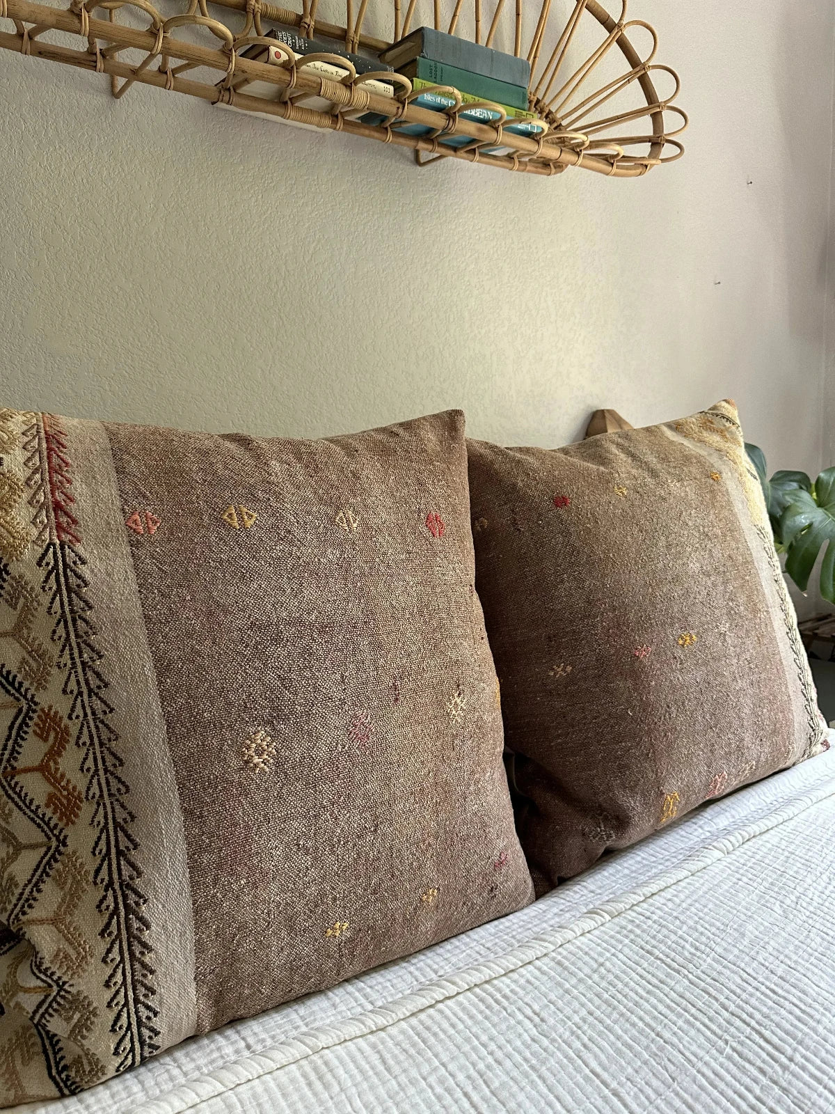 26 by 26 handmade Turkish throw pillow in a beautiful natural wool color and embroidered right side with cream and other colors