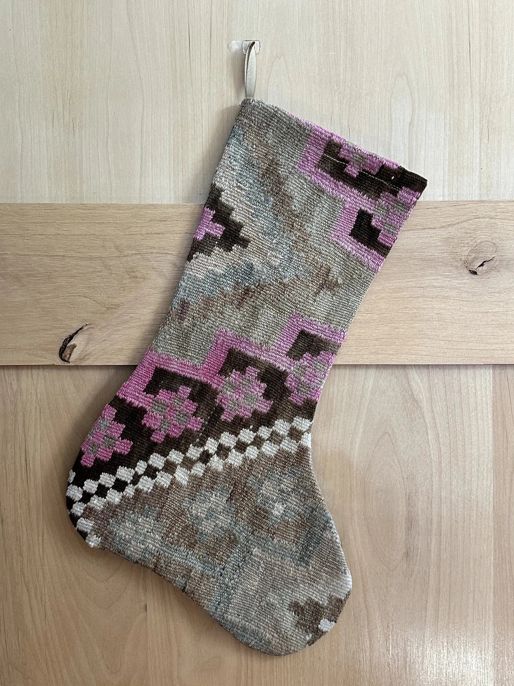 brown and pink handmade Turkish Christmas stocking up-cycled from old Turkish rug fragments