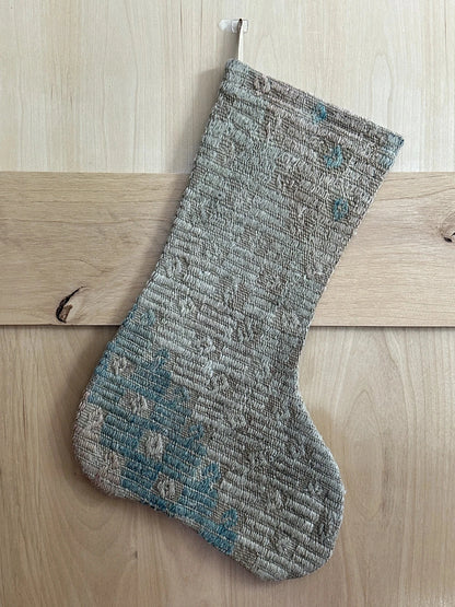 light blue and cream handmade Turkish  Christmas stocking featuring faint embroidered design