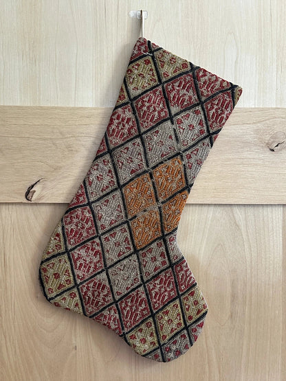 colorful handmade Turkish Christmas stocking featuring a checkered quilted pattern