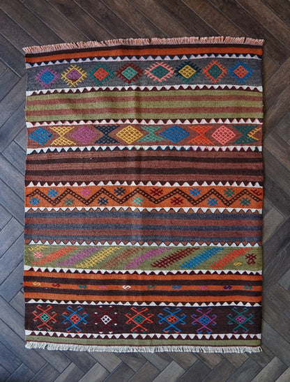 4 by 3 colorful Turkish area rug featuring striped pattern with geometric shapes throughout, perfect for bedroom or kids rooms