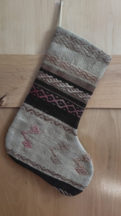 brown and cream striped Christmas Turkish stocking featuring light pink embroidery