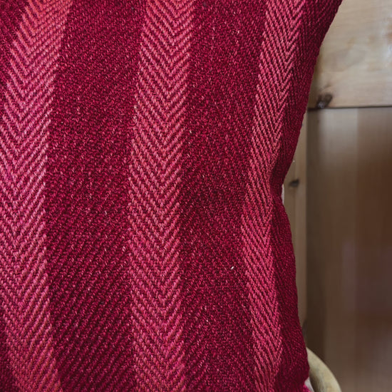 Handwoven red and pink striped Turkish throw pillow, 16x16 inches, wool with cotton backing—boho home decor.