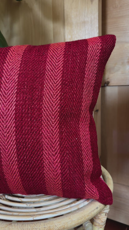 Handwoven red and pink striped Turkish throw pillow, 16x16 inches, wool with cotton backing—boho home decor.