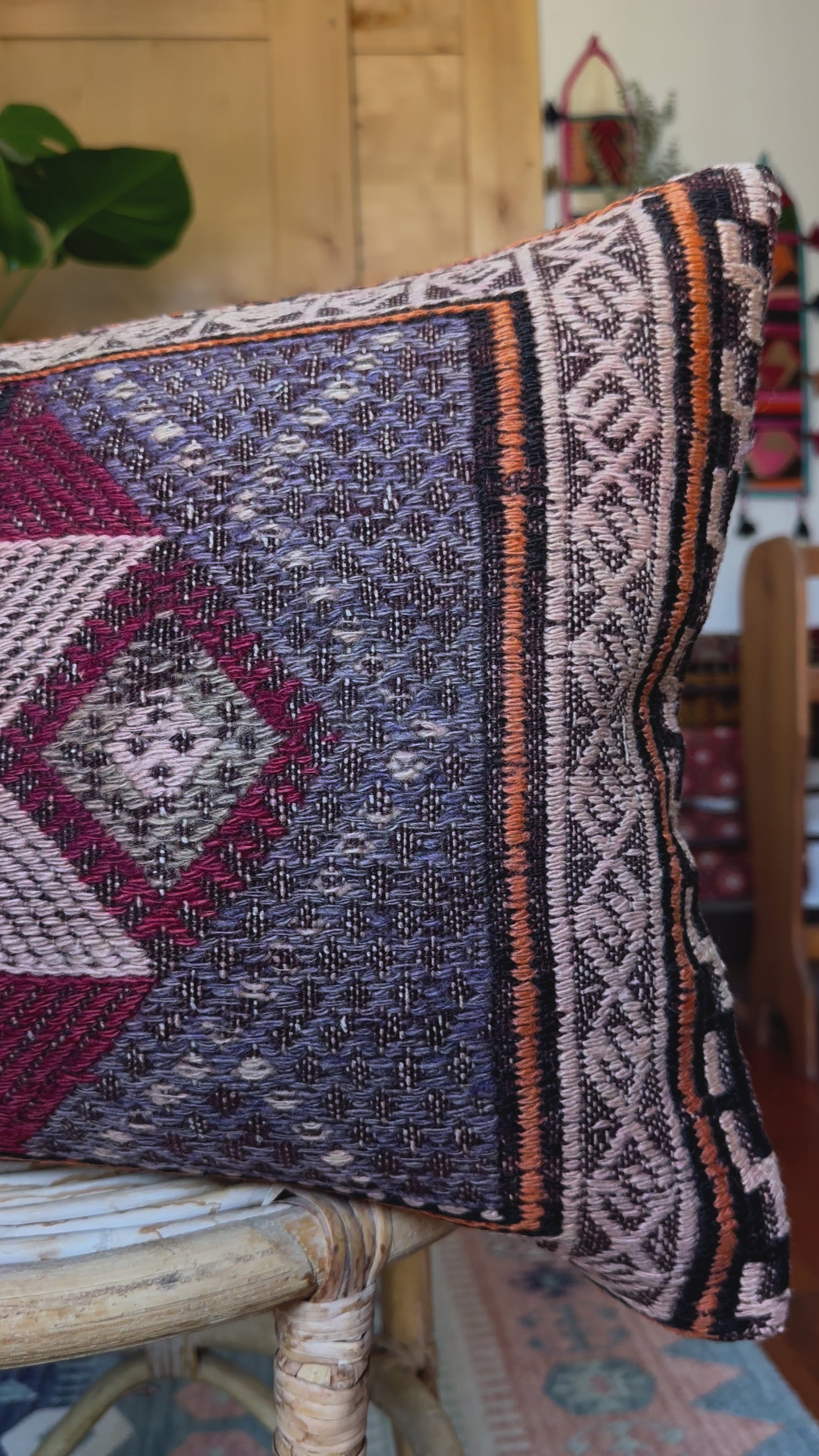 15 by 24 inch handmade Turkish lumbar pillow featuring a beautiful embroidered 8-pointed star medallion in the center