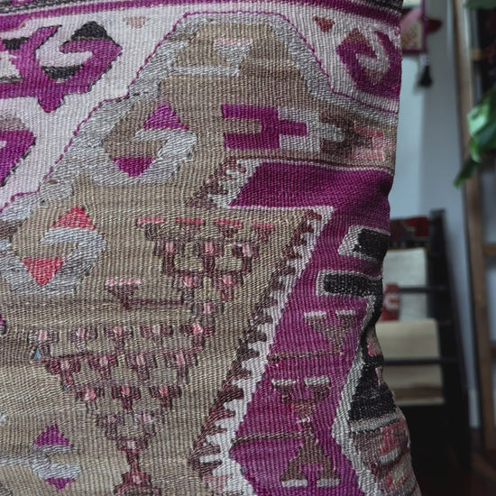 20 by 20 inch handmade Turkish kilim throw pillow featuring a purple and grey geometric design