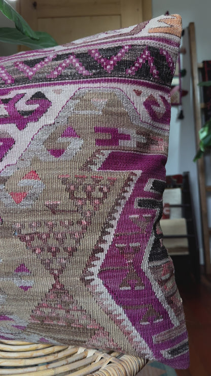 20 by 20 inch handmade Turkish kilim throw pillow featuring a purple and grey geometric design