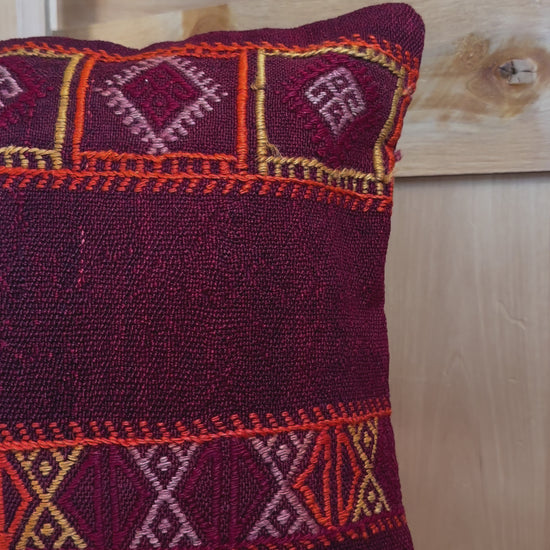 Handwoven red and orange Turkish lumbar pillow, 16x24 inches, wool front with geometric design and pops of white, cotton backing—boho home decor.