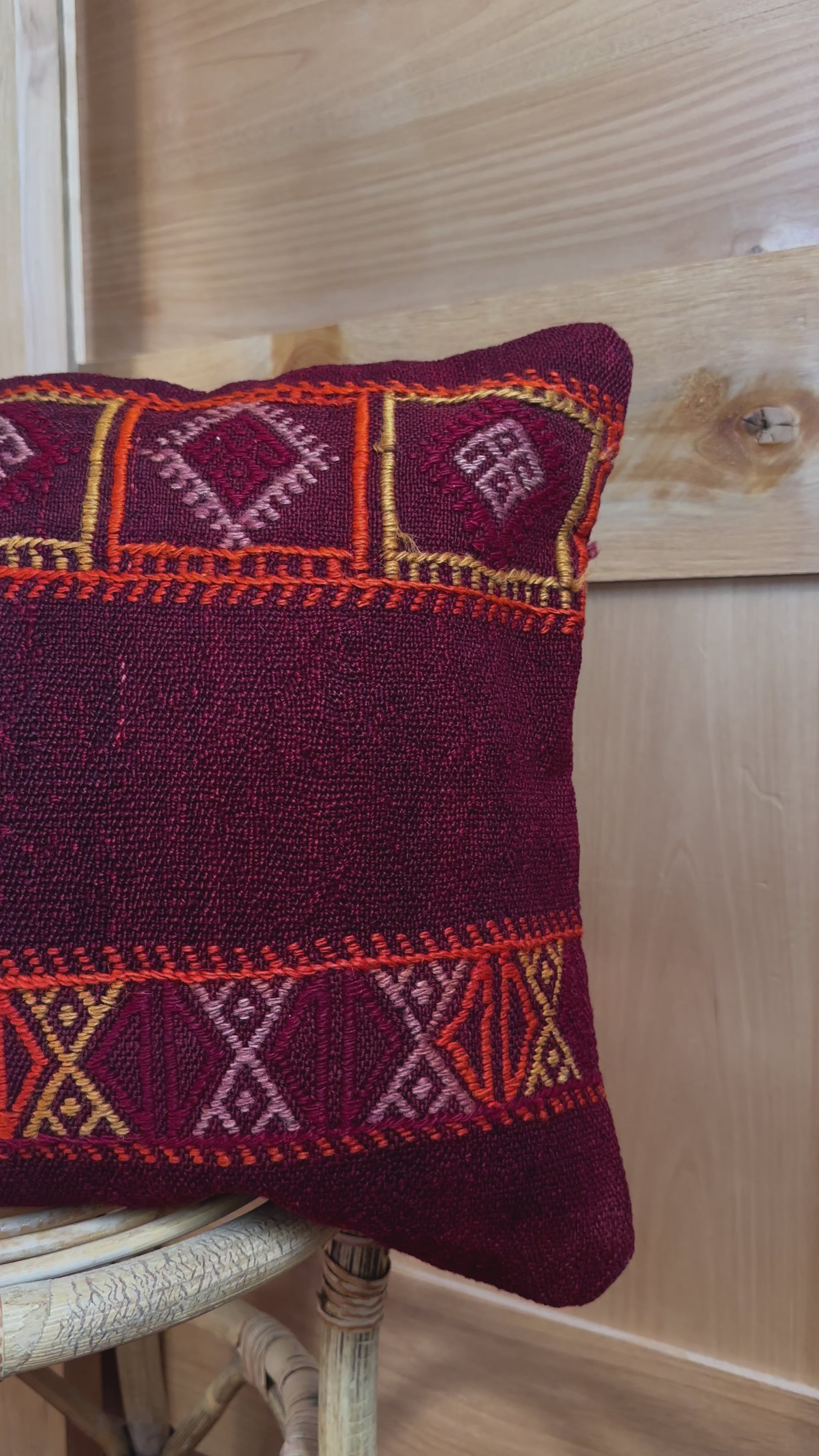 Handwoven red and orange Turkish lumbar pillow, 16x24 inches, wool front with geometric design and pops of white, cotton backing—boho home decor.