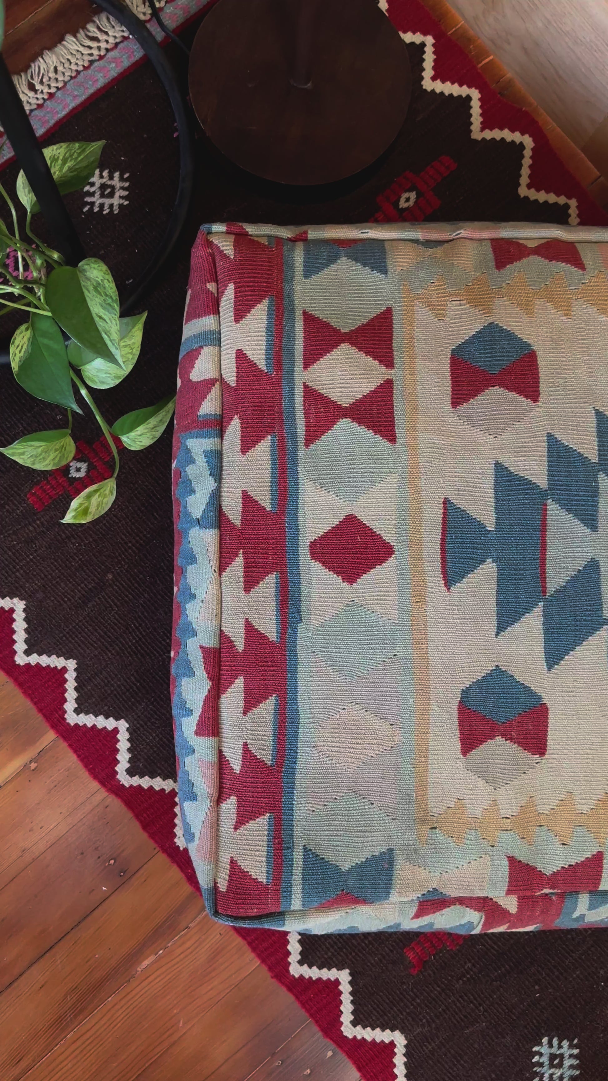 Handmade vintage Turkish rug pouf with blue & neutral tones, up-cycled from authentic wool Kilim rugs. Perfect as a unique bohemian floor cushion, ottoman, or accent seating for living rooms, bedrooms, or cozy spaces. Ethically crafted by artisans in Turkey.